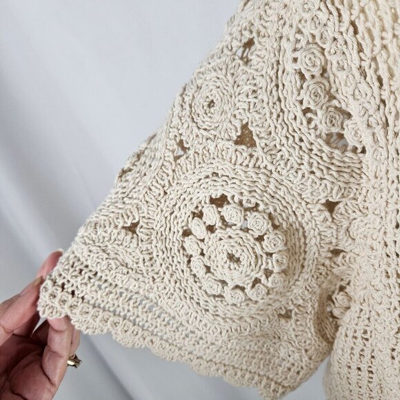 Solitaire Large Boho Festival Crochet Top Beige Knit Short Sleeve - Picture 2 of 9